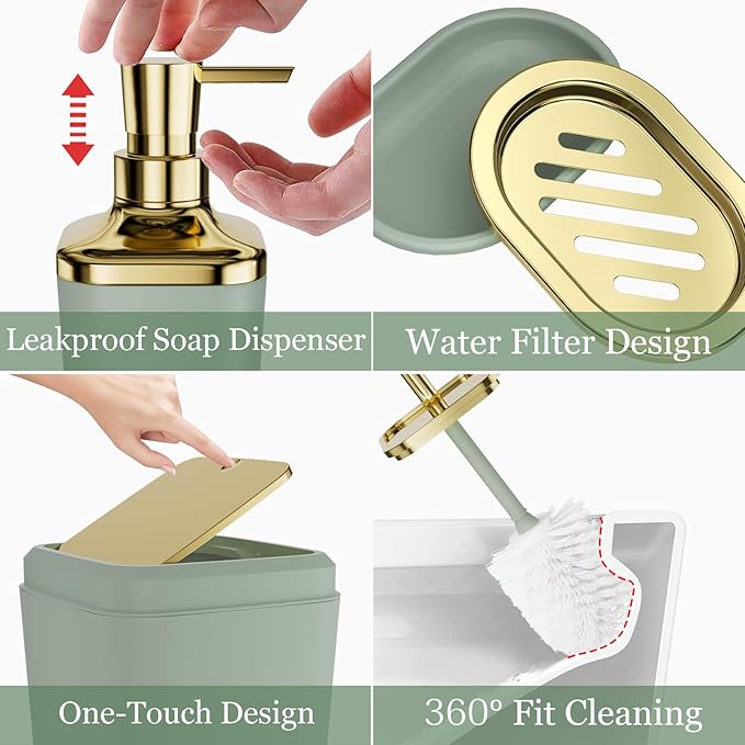 XLHOMO Sage Green Bathroom Set - 24PC Bathroom Sets with Shower Curtain and Rugs, Sage Green Bathroom Accessories Set with Press-on Lid Bathroom Trash Can, Soap Dispenser