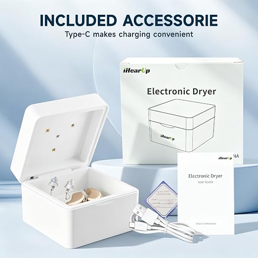Hearing Aid Dryer, 15 min. Removes Sweat & Moisture, Rechargeable, Electric Hearing Aid Dehumidifier for Hearing Aids, Earbuds, Ear Amplifiers T90