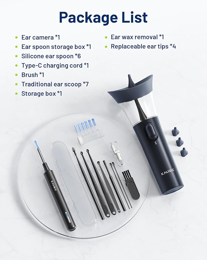 KAUGIC Ear Wax Removal - One-Hand Manual Ear Cleaner with Camera, 7 PCS Ear Spoons, Safe Ear Irrigation Kit for Adults (Blue)
