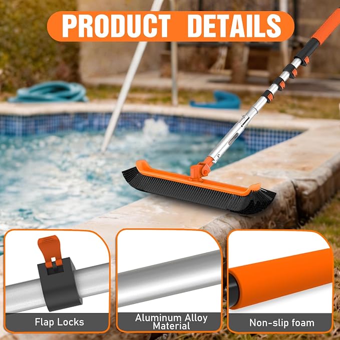LAANPOLE 4-in-1 Pool Brush with Pole, Heavy Duty 18" Pool Brush Head, 5" Stainless Steel Brush and Hand-Held Pool Scrub Brush for Inground & Above Ground Pools, Pool Scrubber Brush with 12FT Pole