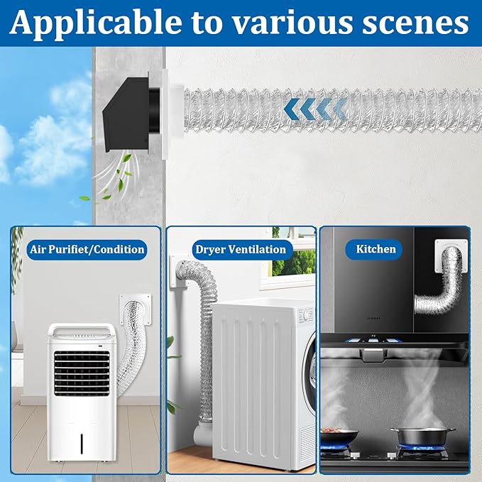 4 inch Dryer Vent Cover, Dryer Vent Connector Kit, 90 Degree Dryer Vent Elbow, Dryer Vent Wall Plate with Hose(4 inch 5FT) Indoor Dryer Vent Duct Adapter, Dryer Vent Hose for Tight Space