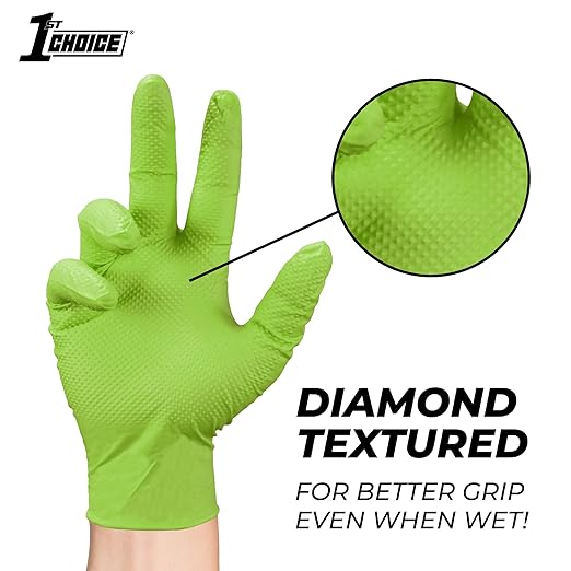 1st Choice 6 mil Green Gloves, Disposable, Latex Free, Raised Diamond Grip, Mechanic Glove for Men, Medium, Case of 1000