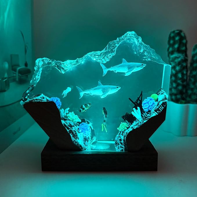 Scuba Diver and Shark Ocean Resin Lamp, Handmade Resin Night Light for Home Office Decor, Multi-Color LED Light with USB Port, Scuba Diver Gifts for Birthday, Shark Gifts for Women & Men (10"x6")