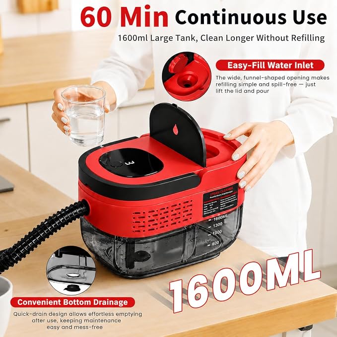 Handheld Steam Cleaner for Home, 2500W High Pressure Steam Cleaner for Car Detailing, 3 Steam Levels, 1600Ml Tank, High Heat Steamer for Bed Bugs, Couch, Furniture, Kitchen, Bathroom, Floors