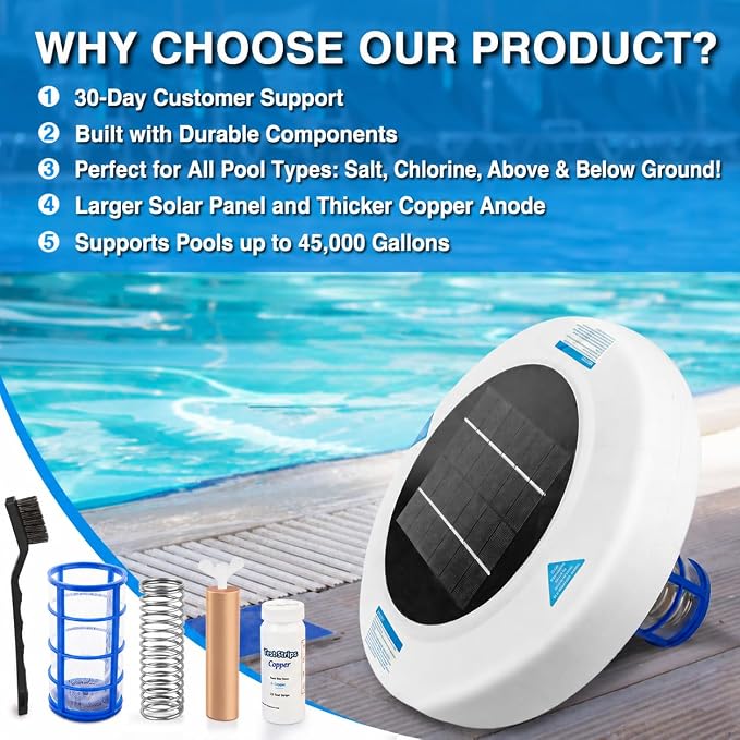 Solar Pool Water Care System for Above Ground & Inground Pools Up to 45,000 Gallons – Floating Solar-Powered Pool Maintenance Device with Copper Anode & Oversized Solar Panel