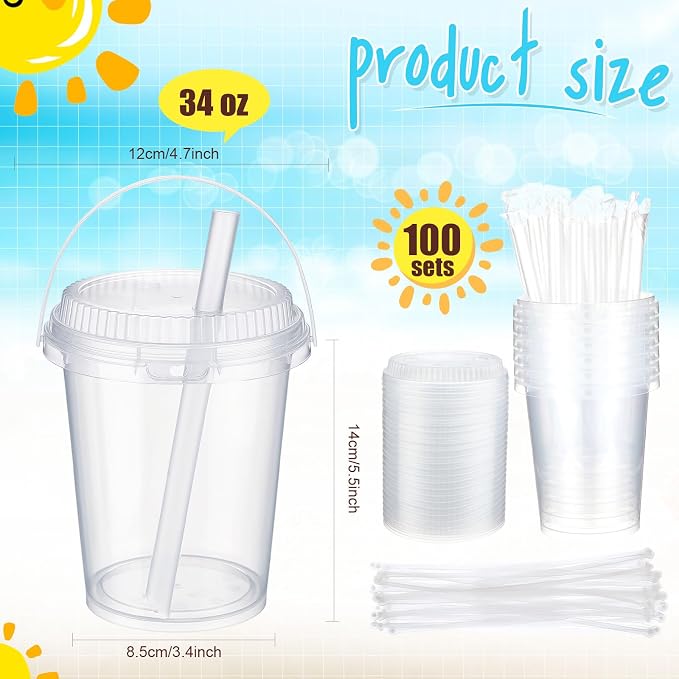 Funnymoom 100 Set 34 oz Clear Drink Buckets with Lids and Straws, Disposable Plastic Rum Cocktail Pails with Handles Large Smoothie Cups for Adult Bachelorette Party Supplies Beach & Catering Events