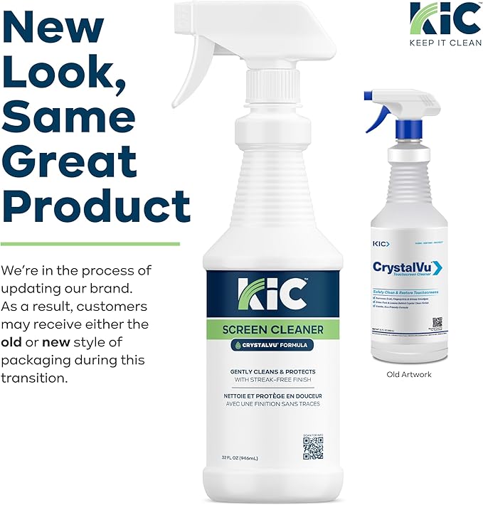 KIC CrystalVu Screen Cleaner Spray Kit with Microfiber Cleaning Cloth – Streak-Free for TV, Phone, Laptop, Monitor & Tablet – NSF Certified Safe Formula – 2 Reusable Microfiber Towels - 32oz