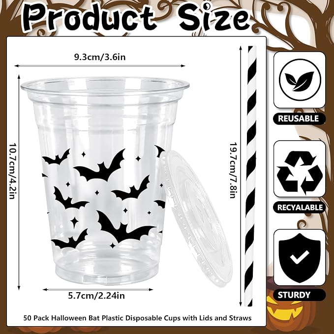 Whaline 50Pcs 12Oz Halloween Plastic Cups with Lids & Straws Black Bat Disposable Clear Drinking Cups for Home Party Supplies
