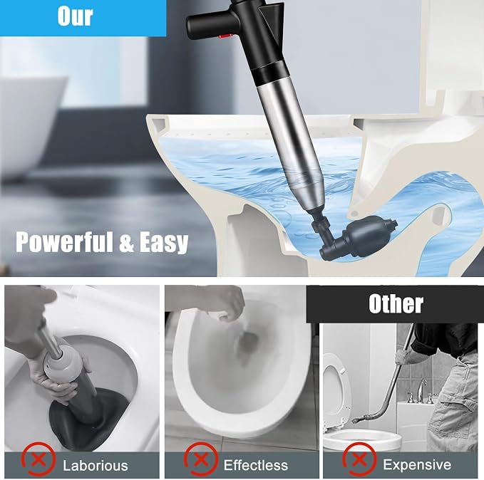 Fast Toilet Plunger High Pressure with Storage Bag, Heavy Duty Air Drain Blaster & Unclogger Tool, Clog Remover Kit & Toilet Snake Alternative for Bathroom, Toilets, Sinks, Tubs, Pipes (Black)