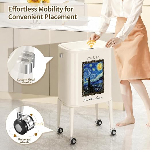 MRBIN Metal Motion Sensor Kitchen Trash Can with Wheel Legs, 36L / 9.5gal Medium Press Lid Slim Waste Basket. Narrow Garbage Pail for Vanity, Living Room, Bathroom, Bedroom, Starry Night
