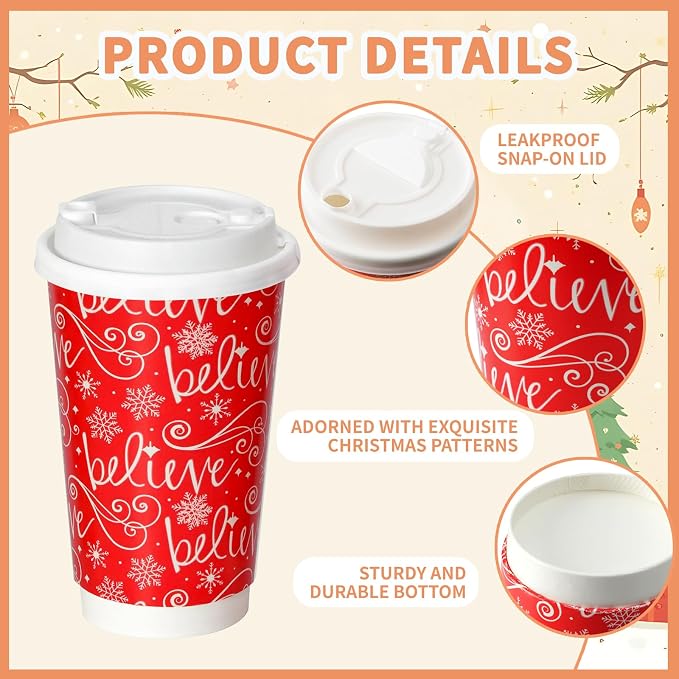 Nihuecne 50 Pack 16 oz Christmas Disposable Coffee Cups with Snap-on Lids - for Hot or Cold Drinks, Paper Coffee Cups for Xmas Holiday Table Decorations Party Supplies, 5 Assorted Christmas Styles