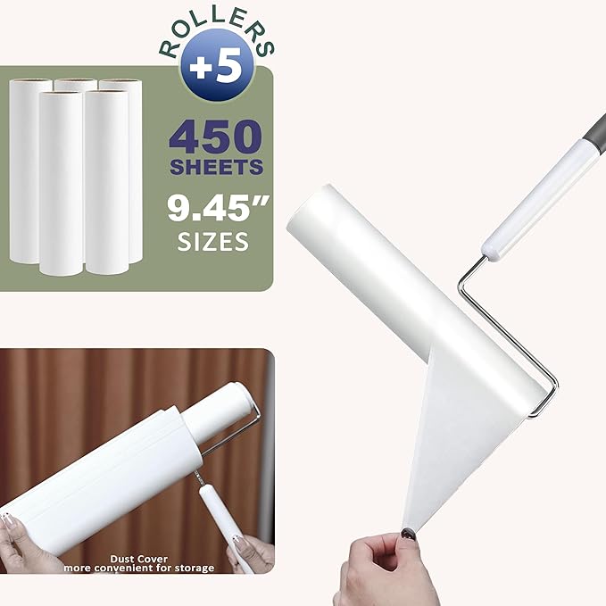 Lint Roller Refills (5 Packs, 450 Sheets) Lint Rollers for Pet Hair, Extra Sticky Refills, Compatible with 9.45-inch lint Rollers requiring a 1.5-inch Inner Diameter