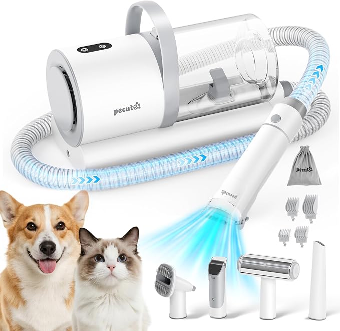 Pecute Dog Grooming Vacuum, 4-in-1 Pet Grooming Kit with Clipper, Brush, 12000Pa Dog Vacuum for Shedding with 1.5L Dust Cup, Storage Pocket, Low Noise Pet Vacuum for Dog & Cat, Home Grooming