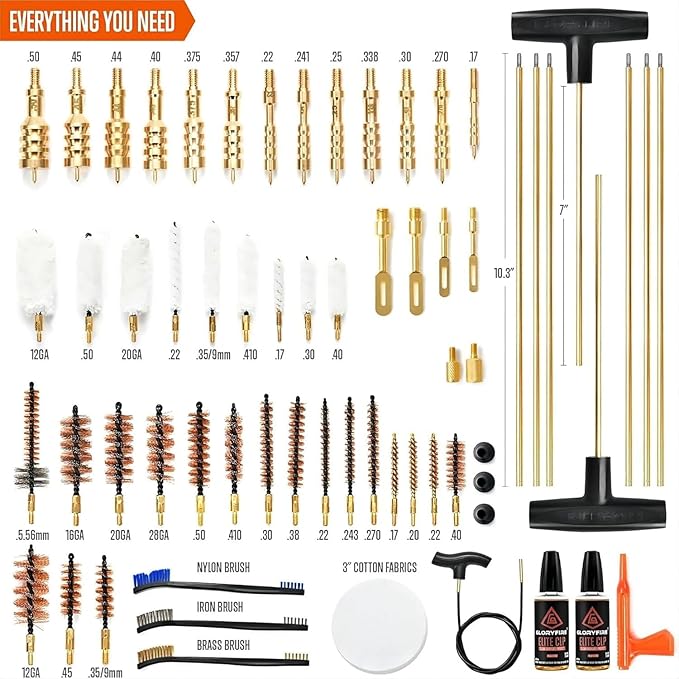 GLORYFIRE Elite Gun Cleaning Kit, Handgun Shotgun Pistol Universal Cleaning Kit with All Brass High-end Brushes, Jags, Reinforced and Lengthened Rods