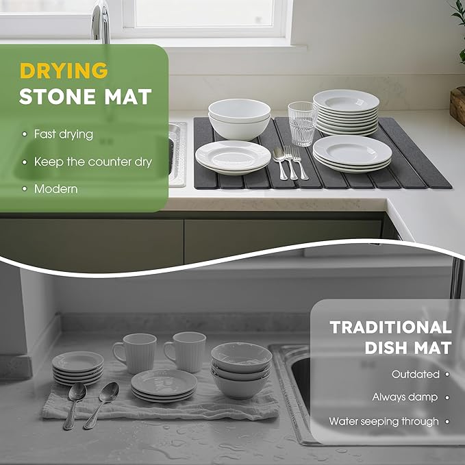 HABUTWAY Large Stone Dish Drying Mat for Kitchen Counter – 24"×16" Collapsible Diatomaceous Earth Mat, Ultra Absorbent & Quick Dry, Foldable Drying Pad for Dishes, Bottles, Cups (Dark Grey)