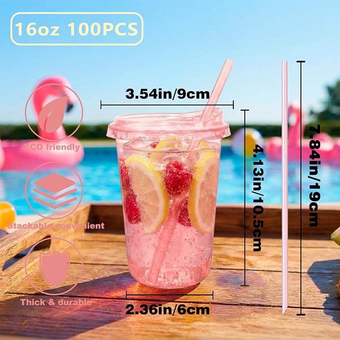 16oz Disposable Stemless Glasses With Strawless Sip Lids and Straws,PET Disposable Drinking Cups,Clear Plastic Wine Glasses for Parties Birthday,Wedding,Meeting,Party Supplies. (100, Pink)