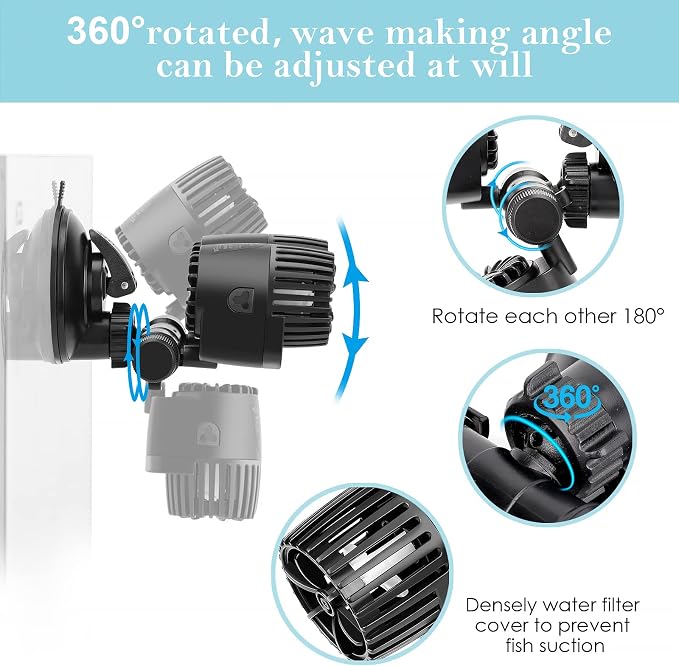 AQQA Aquarium Wave Maker,8W/12W/20W/25W Suction Cup Fish Tank Double Powerhead Pump，110V/60Hz Ultra Quiet Submersible Circulation Pump,360°+180°Adjustable For Freshwater Saltwater (12W)