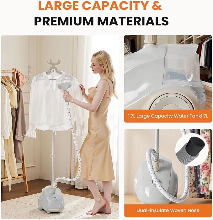 Sweetcrispy Garment Steamer for Clothes Standing, 1500W Powerful Clothes Steamer Standing with Wheels, 1.7L Water Tank for 55 Min Continuous Steaming, Professional Wrinkle Remover Heats in 45 Seconds