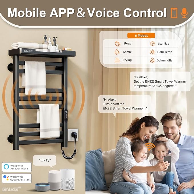 ENZE Smart Heated Towel Rack, 8-Bar Wall-Mounted Electric Towel Warmer with Shelf, Wi-Fi App Control, Adjustable Temperature & 24H Timer, Low Carbon Steel, IPX5, Plug-in/Hardwired, Matte Black