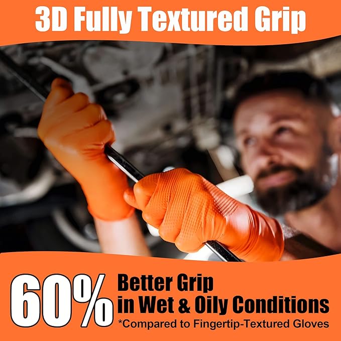 TREEGO 10 Mil Orange Nitrile Gloves Heavy Duty — High-Visibility Diamond Texture Grip, Latex Free Disposable Mechanic Rubber Gloves, XLarge, 100 Count