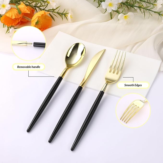 Goodluck 300PCS Black Gold Plastic Silverware Set for 100 Guests, 100 Knives, 100 Forks and 100 Spoons, Food-grade material free of BPA, Gold Plastic Cutlery Ideal for Weddings, Birthdays, Graduation