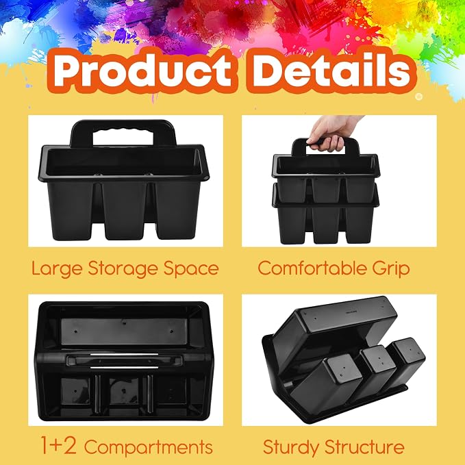 ALINK Classroom Caddy Storage Basket with Handle, 6 Pack Plastic Arts Office Crafts Caddy 4 Compartments for Kids, Pencil, Crayon, Marker, School Supplies - Black