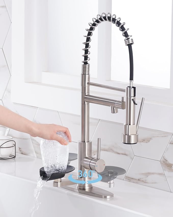Kitchen Sink Fuacet with Glass Rinser, Single Handle Kitchen Faucet with Pot Filler, Pull Down Sparyer, Deck Plate, 304 Stainless Steel, Brushed Nickel