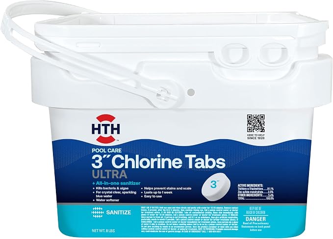 HTH 42056W Swimming Pool Care 3" Chlorine Tabs Ultra, Individually Wrapped Tablets, 8lb