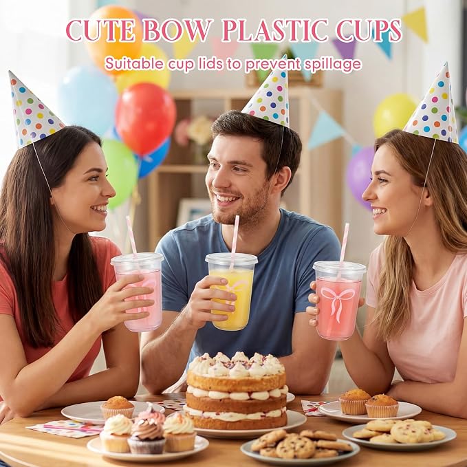 LemonRoad 50sets 16 oz Cute Pink Bow Cups Pink Birthday Party Decorations Supplies Cute Plastic Cups Disposable with Lids and Straws for Valentines Galentines Day Christmas Wedding Baby Shower