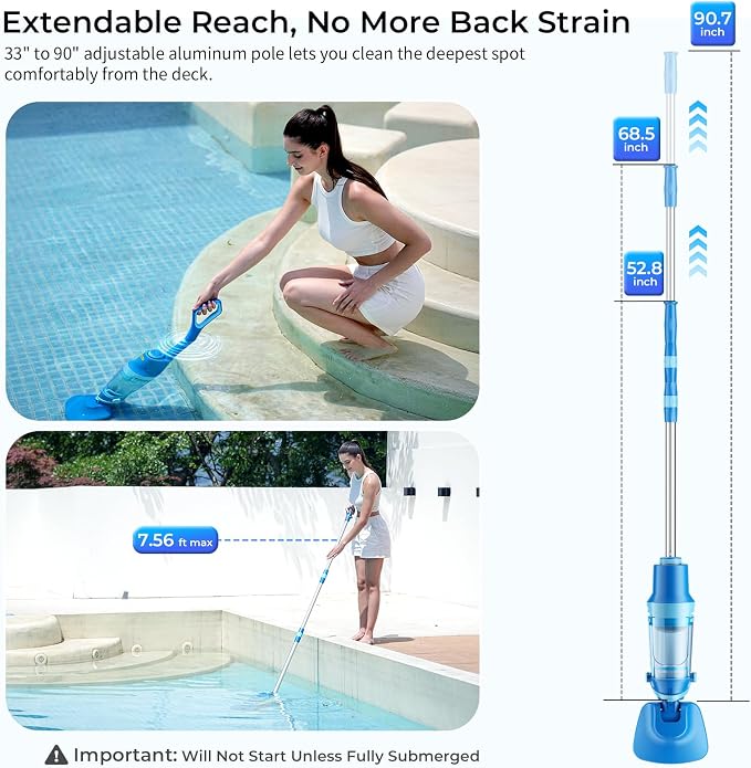 Pool Vacuum for Above Ground Pool, 1427 GPH Powerful Stable Suction, Telescopic Pole up to 90.7", 1H Runtime, Cordless Pool Vacuum for Inground Pools, Extra-Large Filter, Ideal for Leaves/Sand/Debris