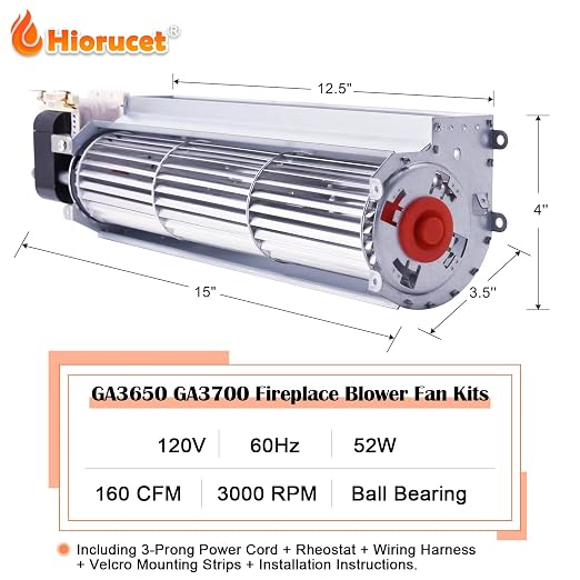 Hiorucet GA3650A GA3700 GA3650 GA3750A BK BKT Fireplace Blower Fan Kit for Desa Tech, FMI, Vanguard, Vexar, Astria Fireplace. Replacment Fireplace Blower Kit for Comfort Flame, Comfort Glow.
