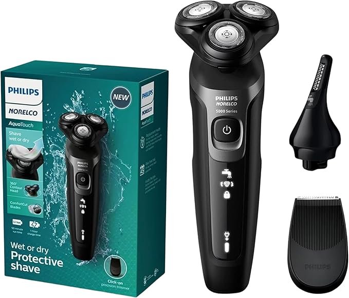 Philips Electric Shavers for Men, Rechargeable AquaTouch Mens Electric Shaver Wet and Dry with Comfort Cut Blades and Click-on Precision Trimmer, Cordless Electric Razors with 5D Flex Head