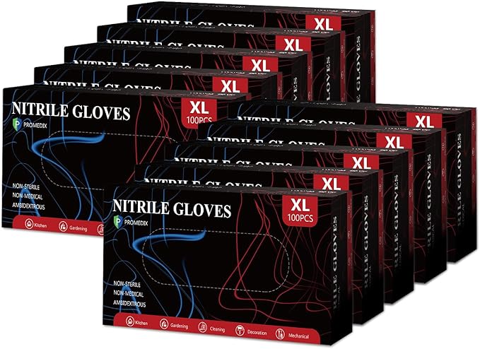 PROMEDIX P Nitrile Disposable Gloves,4mil-1000 Count,Gloves Disposable Latex Free,Powder Free for Cooking,Household,Food safe,(XL,Black of 1000)