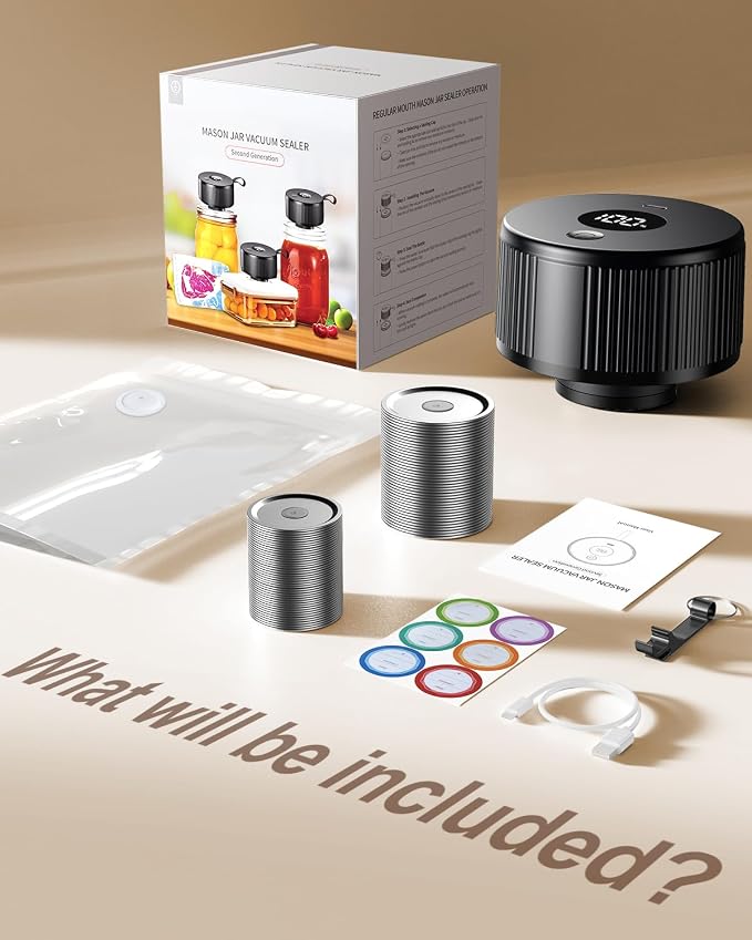 Electric Mason Jar Vacuum Sealer Kit, [2026 Upgraded] Automatic Cordless Jar Sealer for Wide & Regular Mouth Jars, One-Touch Food Saver for Canning, Homesteading & Meal Prep