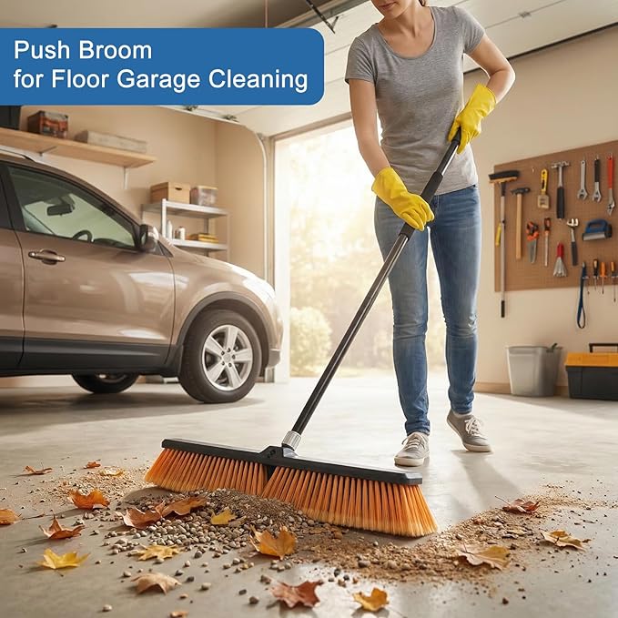 PBHEPJ 24 Inchs Push Broom Outdoor Heavy Duty, Shop Broom with 60" Long Handle for Cleaning Outdoor or Indoor Tile, Garage, Shop, Deck, Concrete, Wood, Stone, Patio Floor, 2 Pack