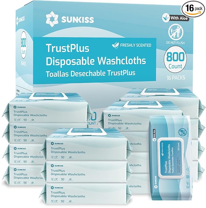 SUNKISS Trustplus Wet Wipes for Adult No Rinse, Extra Large 8”x12” Body Cleaning Washcloths for Elderly Incontinence & Cleansing, Fresh Scented, 800 Count (16 Packs of 50)