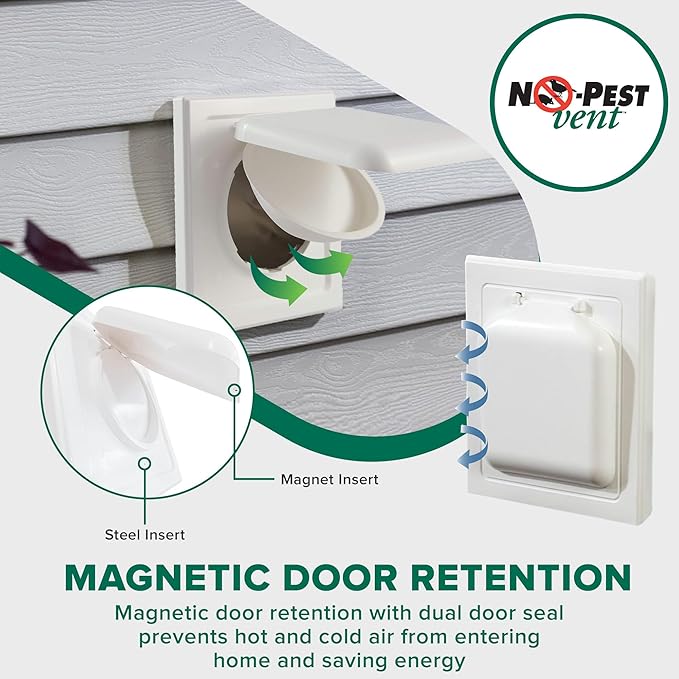 No-Pest Vent 6" Dual Door Exhaust Vent Cover – Outdoor Vent Cap for Bathroom Fans & Range Hoods – Pest Proof, Energy Efficient, Not for Dryer Use (White, 6 inch W/O Duct Tube)