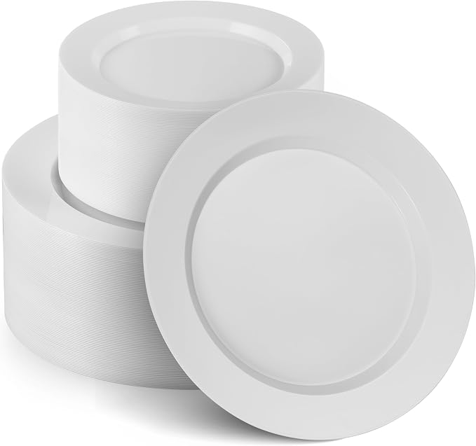 Munfix 100 White Plastic Plates Set, 50 Pcs 10 Inch Plastic Dinner Plates and 50 Pcs 7 Inch Plastic Dessert Plates, Elegant Fancy Heavy Duty Disposable Plates for Party, Wedding, White