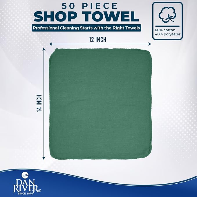 DAN RIVER Shop Towels, 50 Pack Commercial Use Green Terry Cloth Rags for Cleaning Cars & Household Surfaces – Well Absorbent, Reusable Cleaning Rags & Wash Clothes – Washable Towels