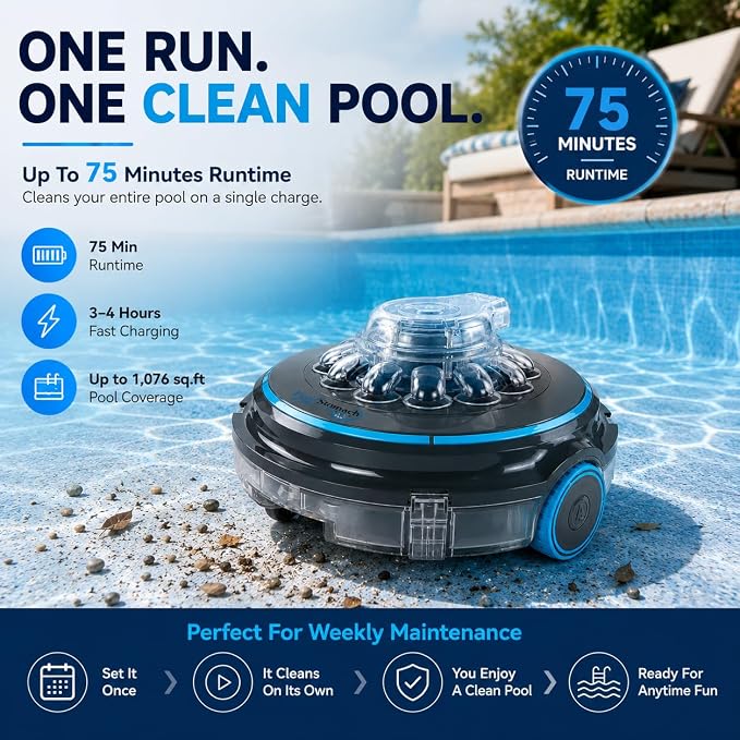 65 Cordless Robotic Pool Cleaner for Above Ground & Inground Pools, Automatic Pool Vacuum Robot with Dual Filtration, Self-Parking, 75-Min Runtime, Picks Up Leaves, Sand, Silt & Debris