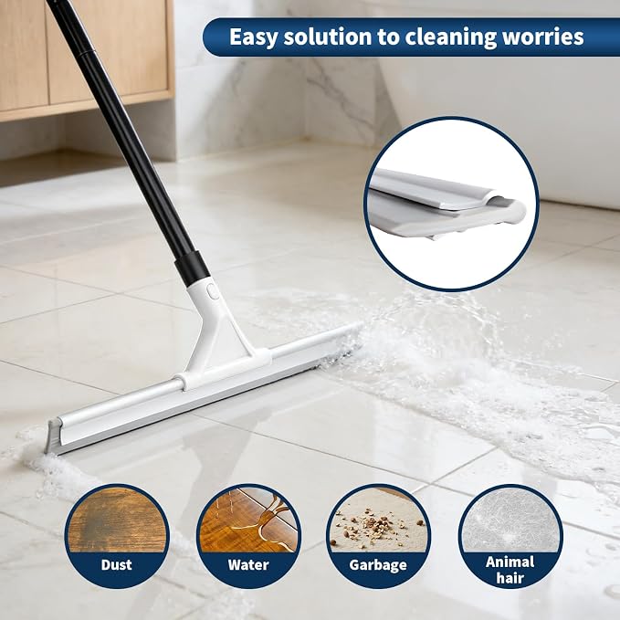 Heavy Duty Push Broom Outdoor & Rubber Floor Squeegee Set with 63 Inch Extra Long Telescoping Handle, Deck Brush, Concrete, Garage & Shop Broom, Squeegee for Floor, Tile & Glass