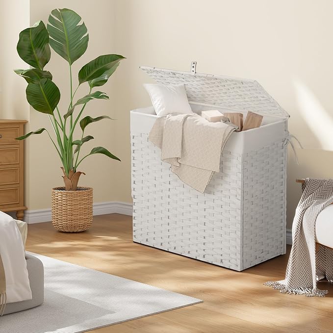 Greenstell Laundry Hamper with Lid, 125L Wicker Laundry Baskets with 2 Removable Liner Bags & 5 Mesh Laundry Bags, Handwoven Rattan Clothes Hamper with Handles for Clothes in Bathroom, Bedroom
