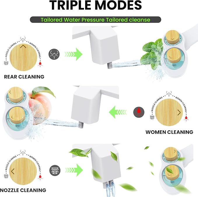 RV Bidet for Camper Toilet, Non-Electric Toilet Sprayer Attachment with Dual Nozzles, Adjustable Pressure, Front/Rear/Self Cleaning, Upgrade for Trailer, Motorhome, RV Bathroom (Bamboo Knob)