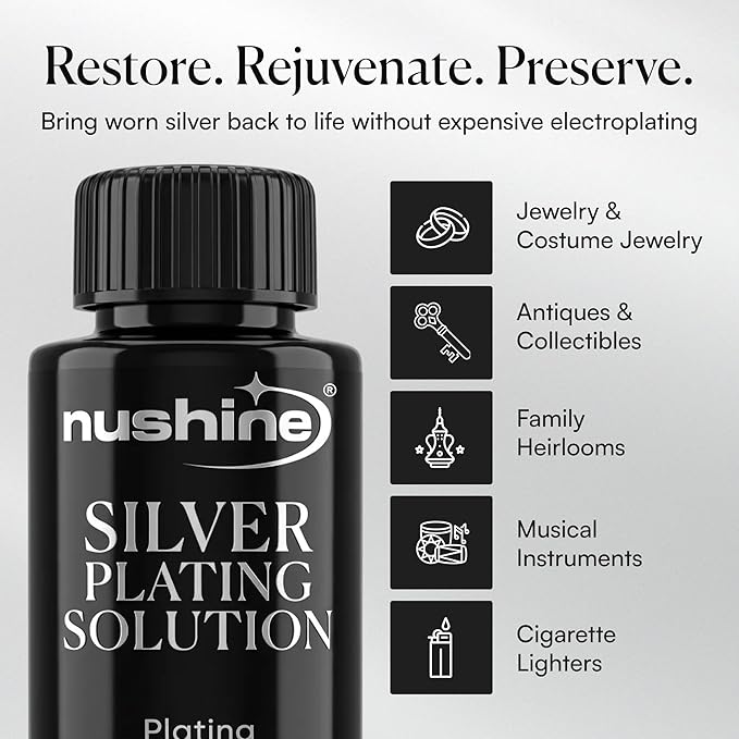 Nushine Silver Plating Solution 3.4 Oz - Permanently Plate PureSilver onto Worn Silver, Brass, Copper and Bronze ONLY (Ecofriendly Formula)
