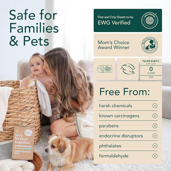Kind Laundry Detergent Sheets – 60 Loads Amber Rouge EWG Verified, No Residue After Wash, Eco Plastic-Free Liquidless Laundry Soap, Non-Toxic Formula, for Sensitive Skin, Travel & Dorm Friendly