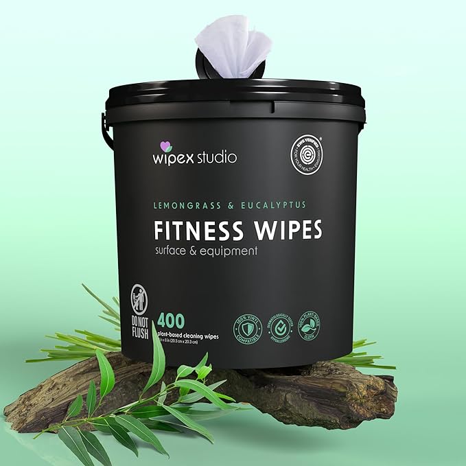 Wipex Yoga Mat Cleaner Wipes, EWG Verified, 400 Ct Plant-Based Lemongrass, Eucalyptus & Vinegar Wipes for Gym & Fitness Equipment & All Purpose Gym Cleaning - Safe for Peloton Bikes & Treadmills