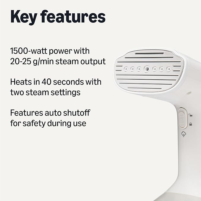 Amazon Basics Handheld Garment Steamer for Clothes, 1500W Turbo Extreme Steam with Dual Steam Modes, Auto Shut-off, Fabric Accessories, White