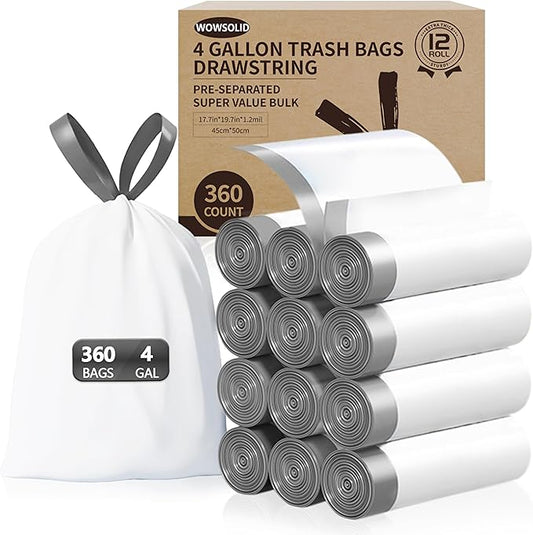 Small Trash Bags 4 Gallon with Drawstring, 360 Count 1.2 Mil Thick Small Garbage Bags by WOWSOLID, Fit Liners 10-15 Liter, 3.5-4.5 Gal, Mini Trash Can Bin for Bathroom, Kitchen, Bedroom, Office