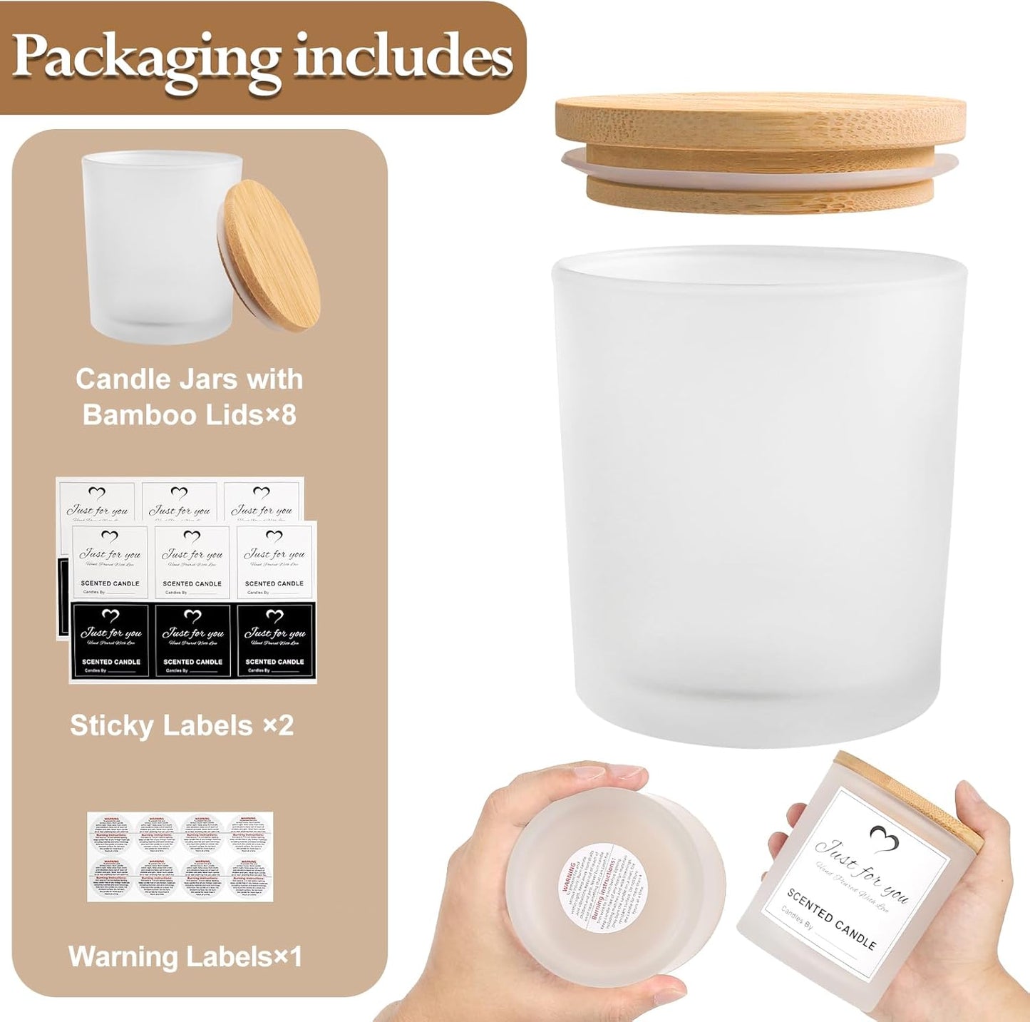 CONNOO 8 Pack 14 OZ Frosted Glass Candle Jars with Bamboo Lids for Making Candles, Large Size Empty Candle Tins with Sticky Labels - Leakproof & Dishwasher Safe.
