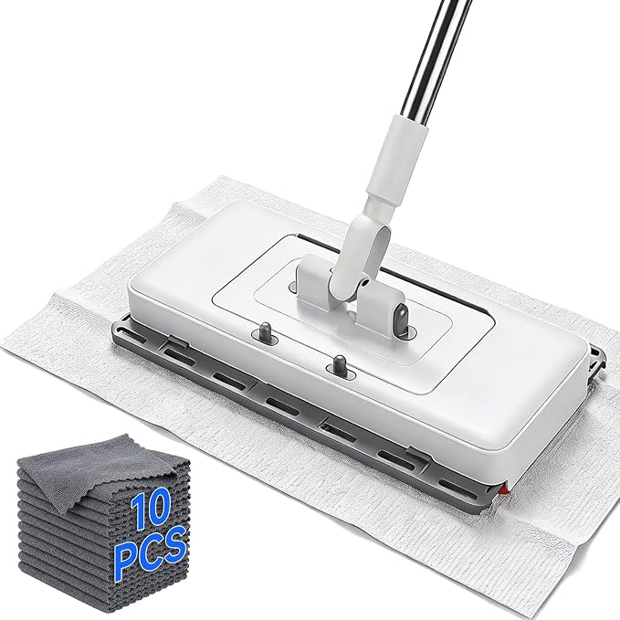New Hands Free Multi Purpose Flat Mop with 10 Reusable Cloths | Convenient Cloth Changing, Compatible with Swiffer Pads, Hardwood Tile Marble Lightly Floor Cleaning, 52in Handle